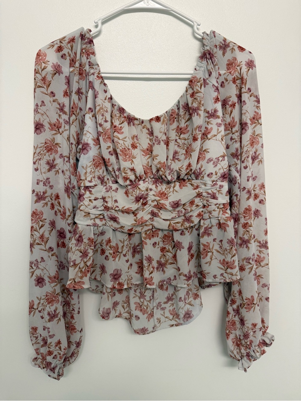 Floral Ruched Peplum Blouse - Dusty Rose on Ivory